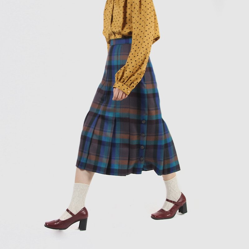 [Egg plant ancient] Nordic luminous plaid wool vintage A-line skirt - Skirts - Wool 