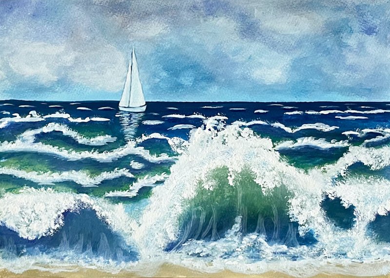 Sea, waves and sailboat. Seascape. Gouache. - ตกแต่งผนัง - กระดาษ 