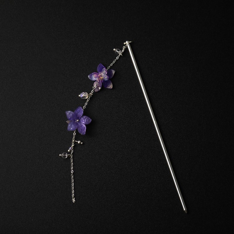 Handmade dangle silver color flower copper hair stick - เครื่องประดับผม - ทองแดงทองเหลือง สีม่วง