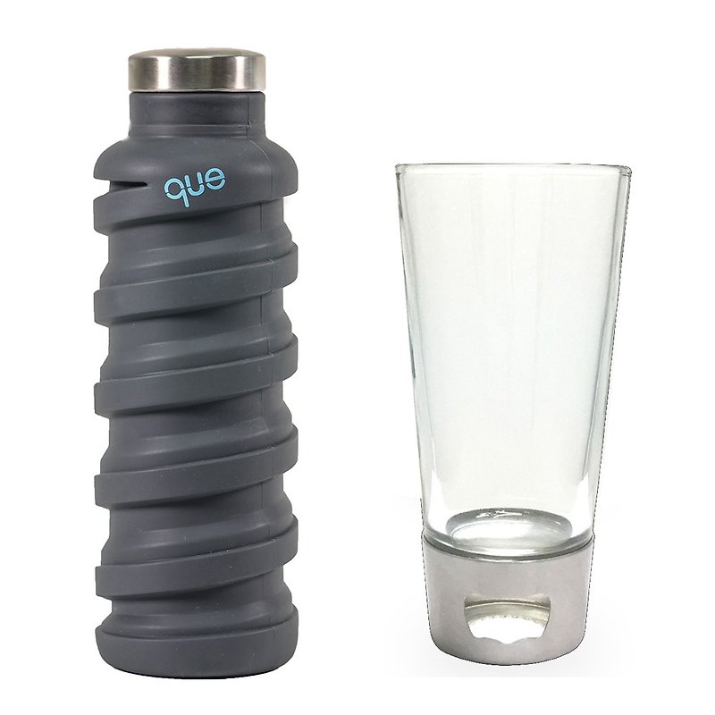 Que Environmental Retractable Water Bottle / Black / 600ml + asobu Opened Beer Bottle / Clear Glass / 550ml - Pitchers - Silicone Black