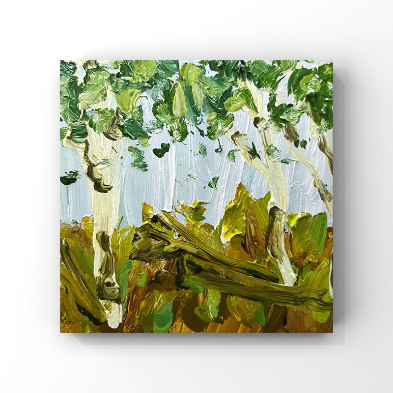 Birch Trees Painting Birch Art Tiny Painting Desk Decor Small Art For Bookshelf - 海報/掛畫/掛布 - 其他材質 卡其色