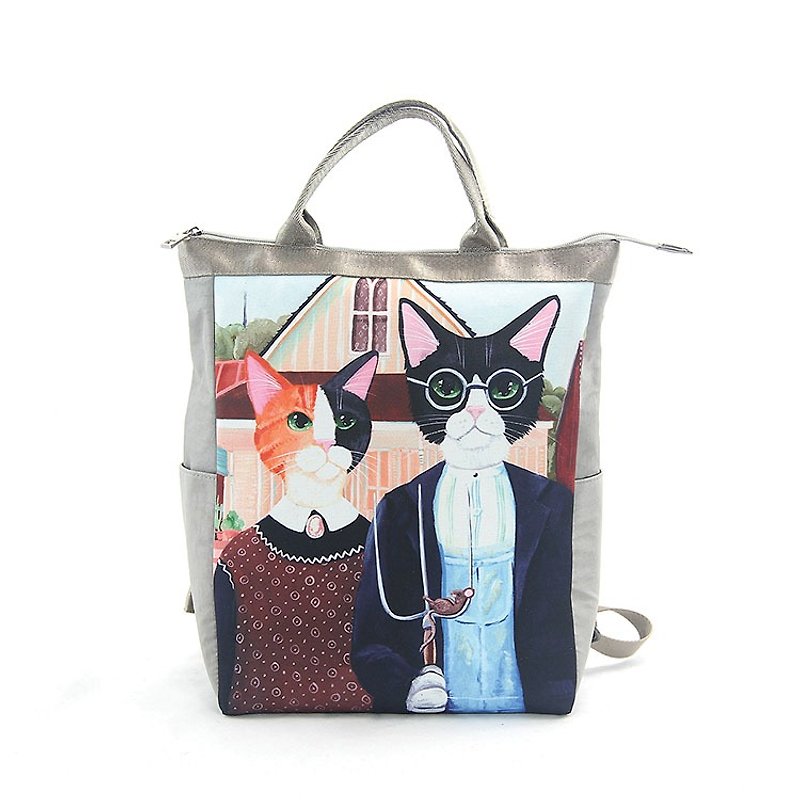 Ashley. M - Mr. & Mrs. Cat backpack - กระเป๋าเป้สะพายหลัง - ไนลอน สีเทา