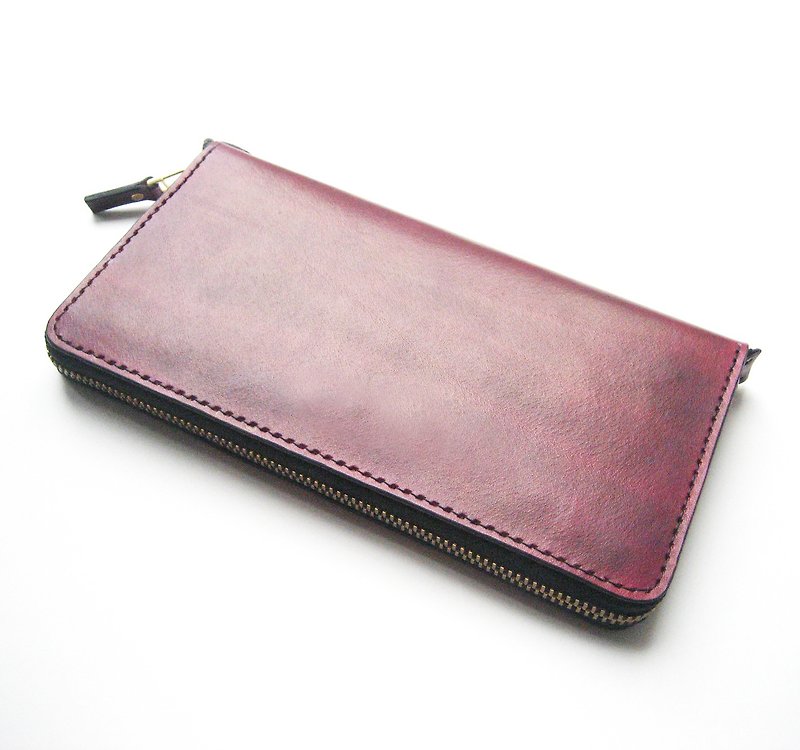 [Xuan Leather trilateral selected leather zipper long clip] [vintage red wine] zipper wallet mo other colors can be customized - Wallets - Genuine Leather Red