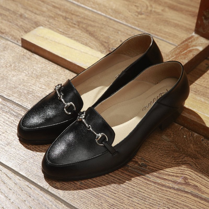 Black genuine leather shoes with silver buckle back loafers - Women's Oxford Shoes - Genuine Leather Black