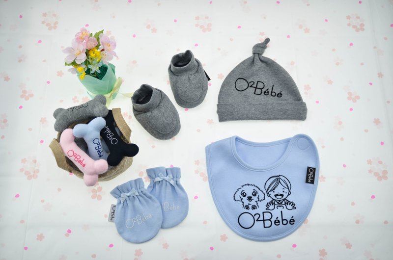 嬰兒 配件 - 彌月禮盒 - 水藍/灰 - 嬰兒帽 襪 手套 圍兜 - 圍兜/口水巾 - 棉．麻 白色