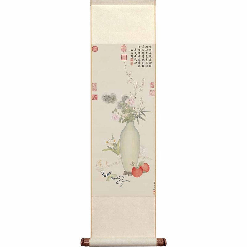 New Year Offerings by Mian Yi, Qing Dynasty, Mini Scroll (L) - โปสเตอร์ - กระดาษ ขาว