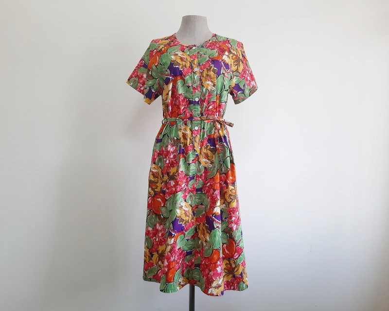 Medium Vintage Green Red Floral Dress Womens Cotton Midi Dress A Line Dress M - 洋裝/連身裙 - 棉．麻 多色