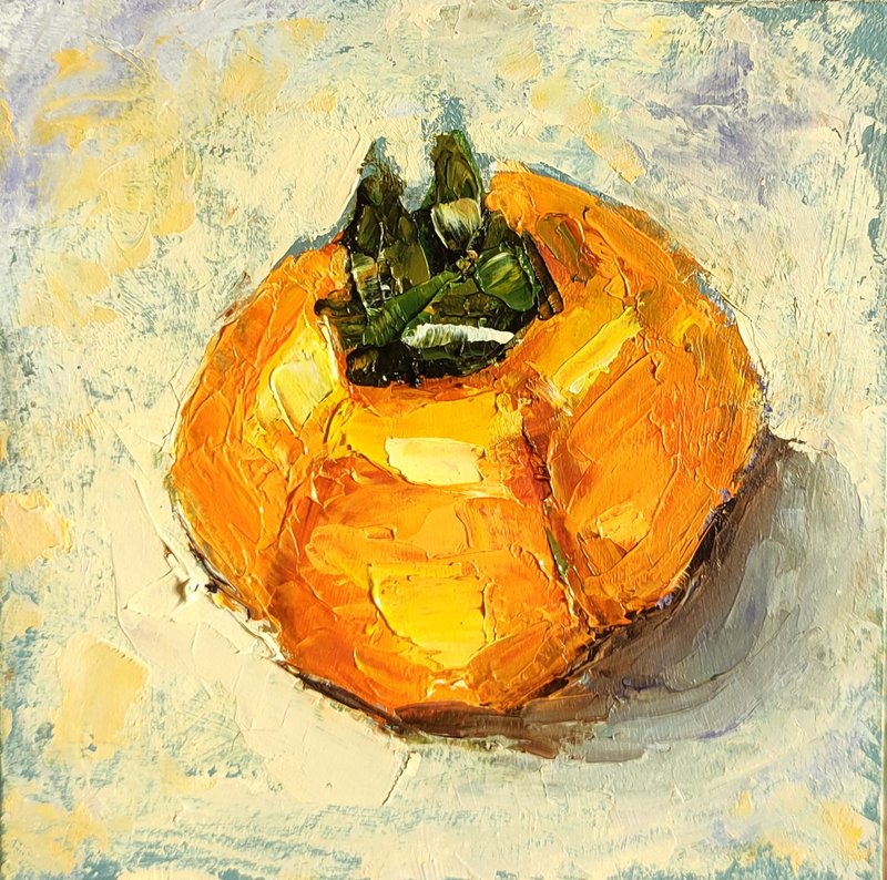 Persimmon Original Painting, Kitchen Small Still Life, Fruit Wall Art, Food Art - 海報/掛畫/掛布 - 其他材質 橘色