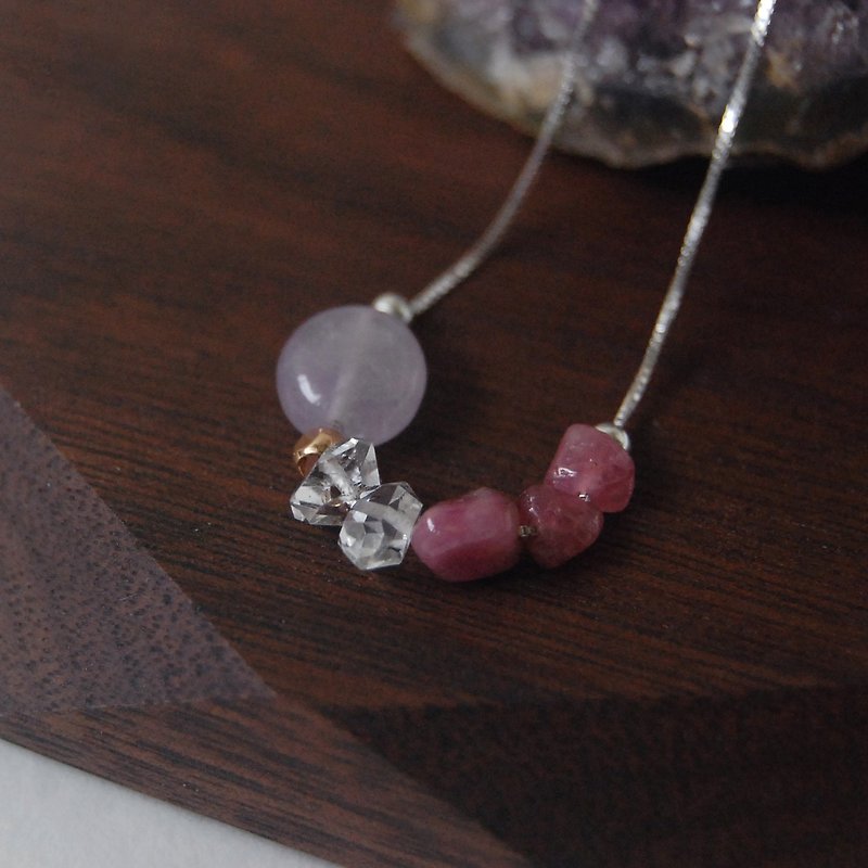 Herkimer Diamond Lavender Amethyst Pink Tourmaline Crystal Gemstone Necklace - Necklaces - Crystal Purple