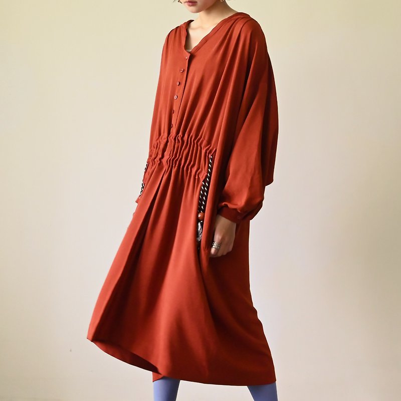 【NaSuBi Vintage】Upcycling loose silhouette drawstring vintage dress - One Piece Dresses - Other Man-Made Fibers Red