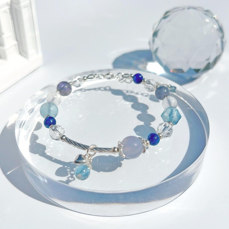 Blue veined agate, kyanite, Stone, cordierite, moonstone, diamond-cut white crystal, S925 sterling silver love bracelet - สร้อยข้อมือ - คริสตัล สีเงิน