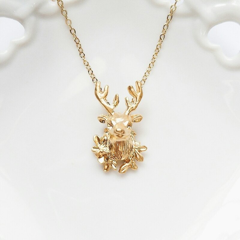 Flower deer head fairy tale style necklace - Necklaces - Other Materials Gold