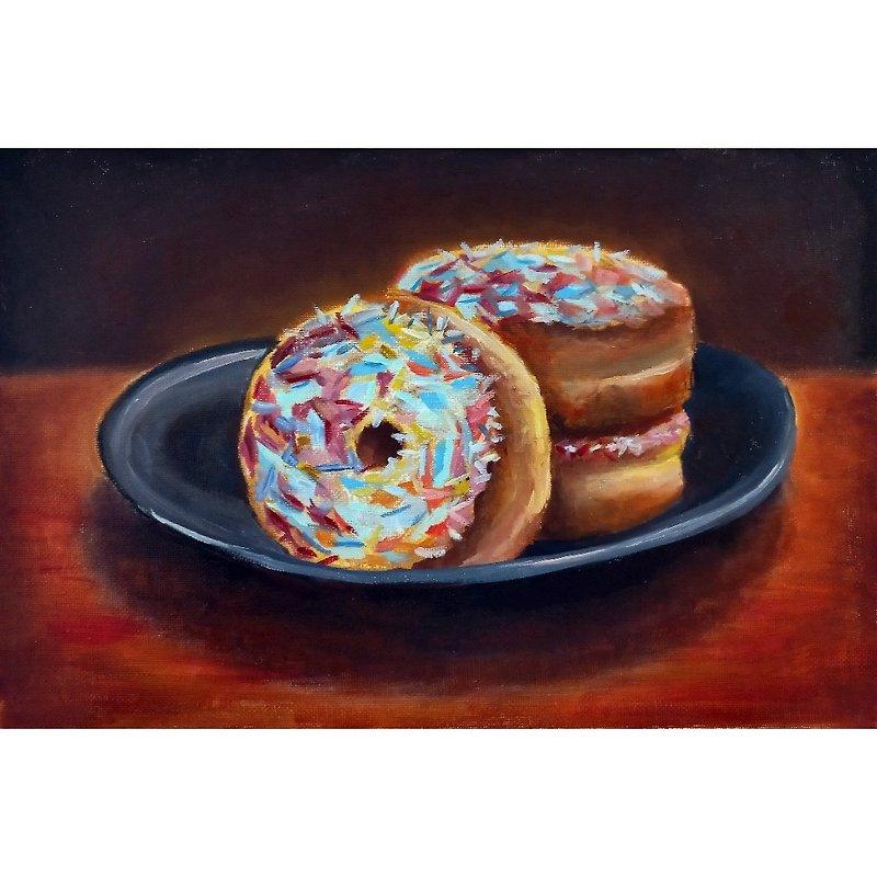 Donut Painting Dessert Original Art Food Oil Painting - โปสเตอร์ - วัสดุอื่นๆ หลากหลายสี