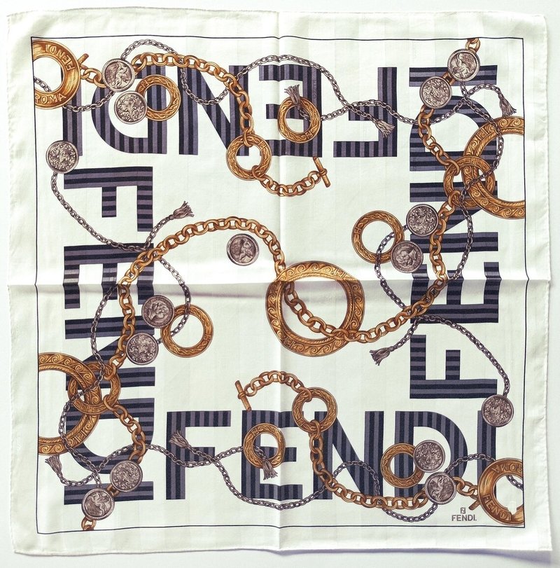 Fendi Scarf Logo Print with Chain & Coin Motif, Monogram Base 23 x 23 Inches - 絲巾 - 棉．麻 灰色