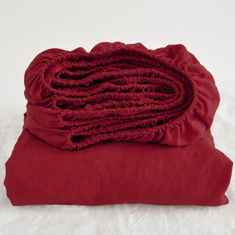 Maroon linen fitted sheet / Softened linen bed sheet / Deep pocket - 床包/寢具 - 亞麻 紅色