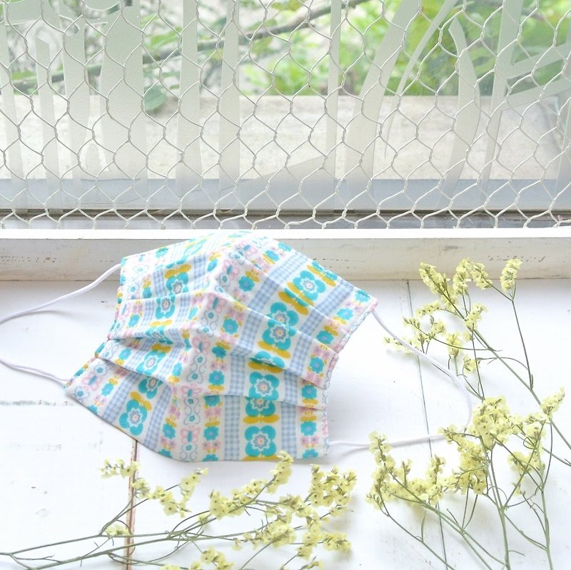 25%OFF | handmade mask Flower stripes Green Blue 花的刺繡緞帶 | Environmental products - หน้ากาก - ผ้าฝ้าย/ผ้าลินิน สีน้ำเงิน