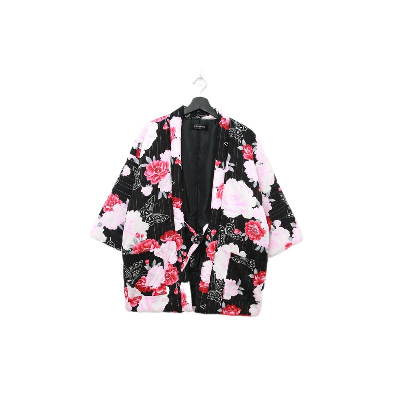 Back to Green-日本帶回袢天pt-04 黑底 牡丹花/vintage - 睡衣/居家服 - 棉．麻 