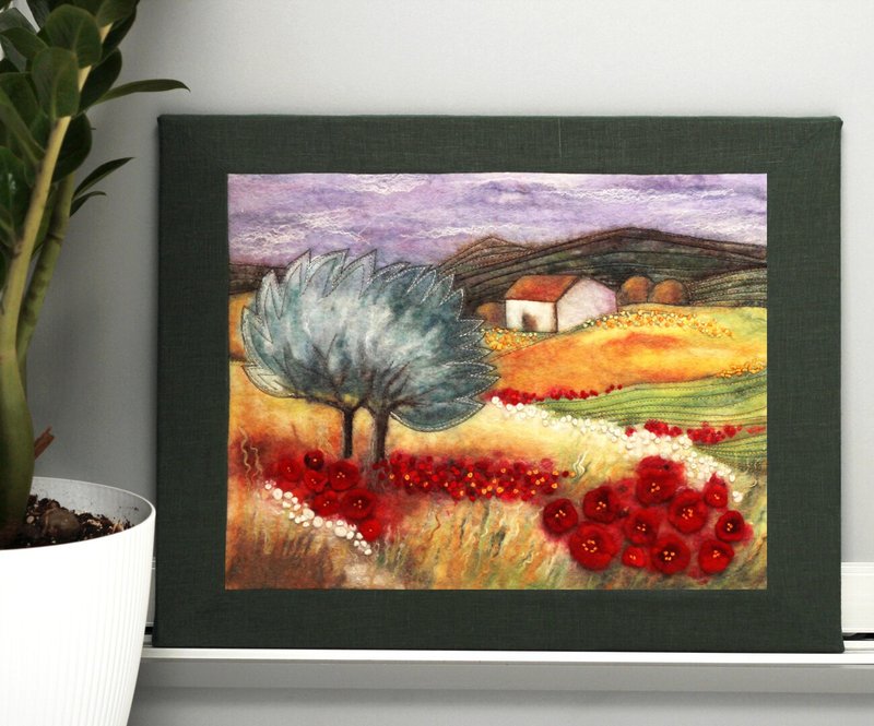 Textille wall art,Farmhouse decor, landscape painting wool, Hand Embroidery - Wall Décor - Wool Red