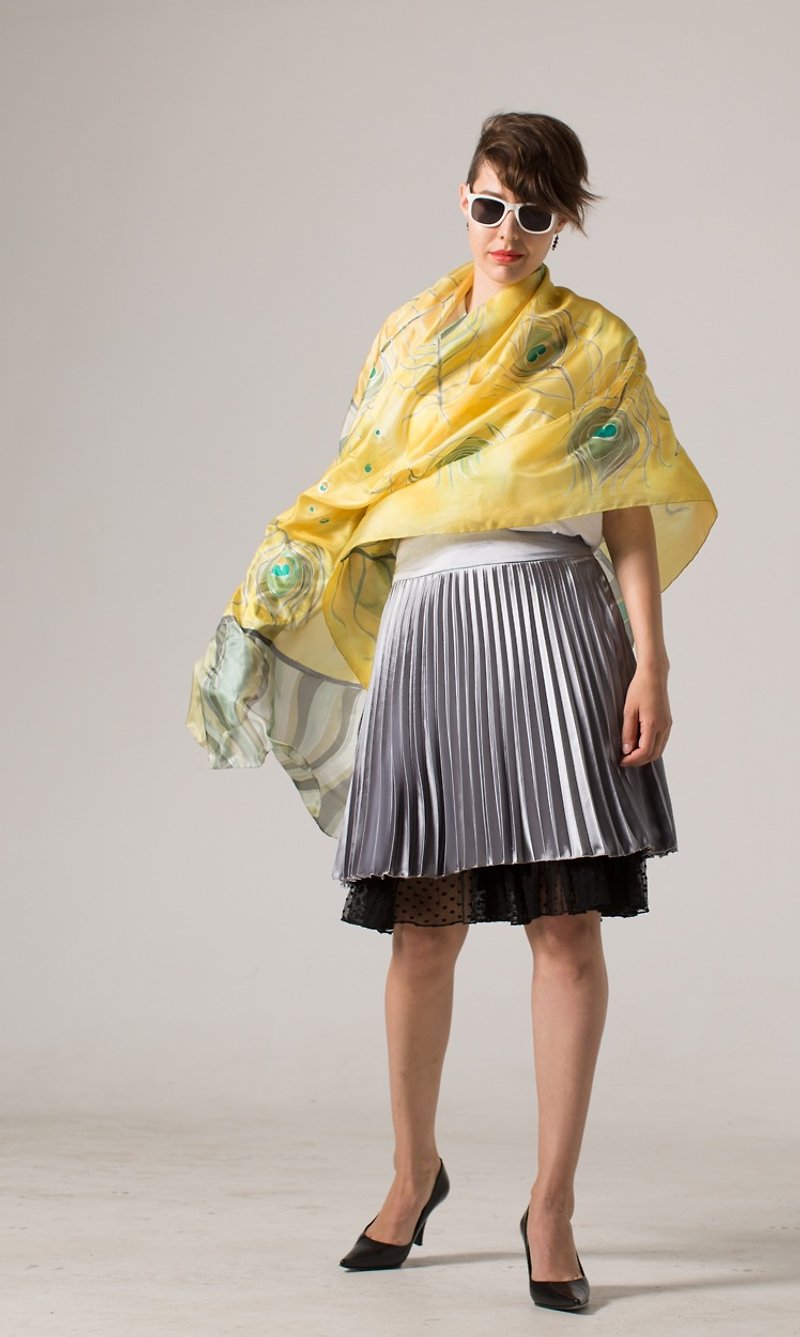 Hand Painted silk shawl- Yellow Peacock. Feathers scarf in Yellow and Grey. - ผ้าพันคอ - ผ้าไหม สีเหลือง