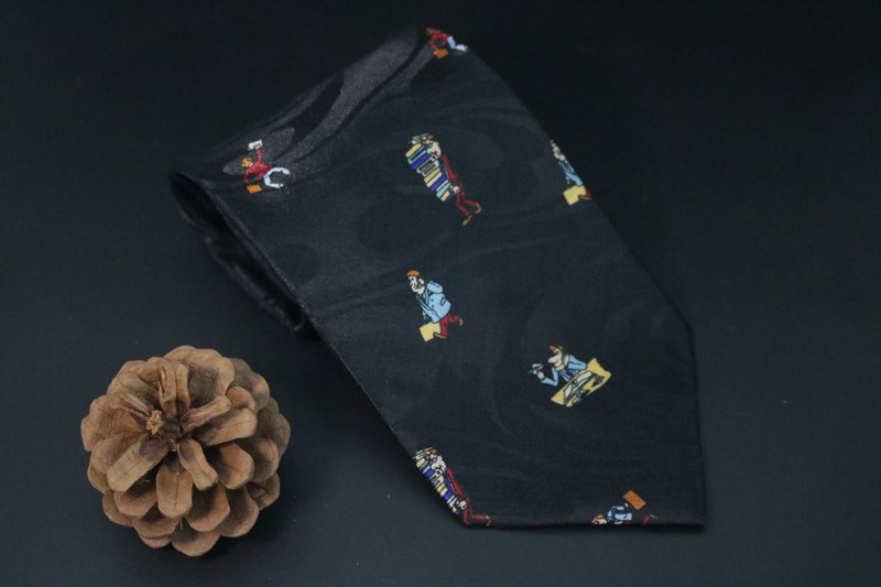 黑色真絲小人印花領帶雅痞休閒趣味tie禮盒 - 領帶/領帶夾 - 絲．絹 黑色