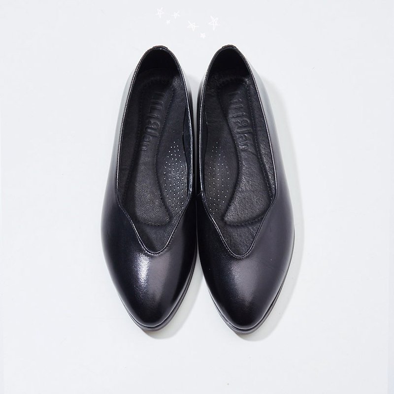[微露美背] waxy soft leather V-neck casual shoes_Jazz oil black - รองเท้าอ็อกฟอร์ดผู้หญิง - หนังแท้ สีดำ
