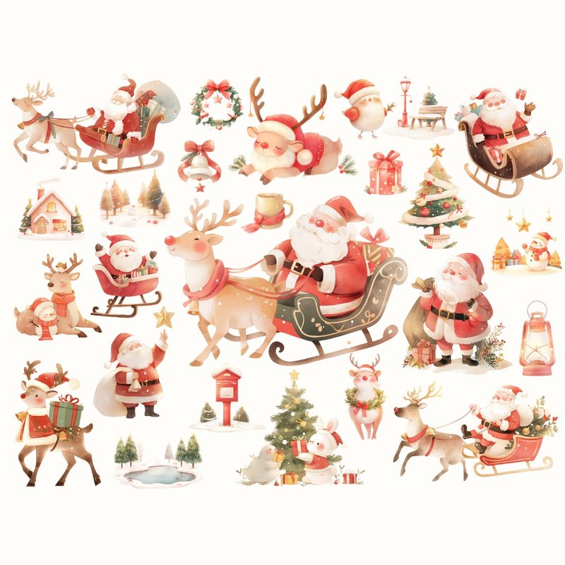 可愛聖誕老人雪橇水彩插圖 麋鹿PNG拼貼素材 日記貼紙數位下載 - 電子似顏繪/繪畫/插畫 - 其他材質 