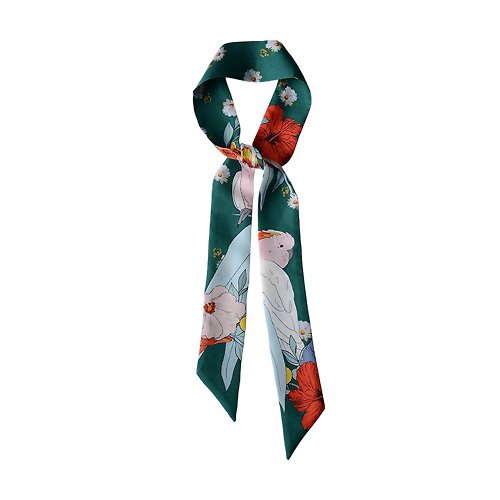 CHIC AS ART 鸚鵡手工小絲巾|法式復古|熱帶植物花卉|藝術家原創圍巾|墨綠髮帶