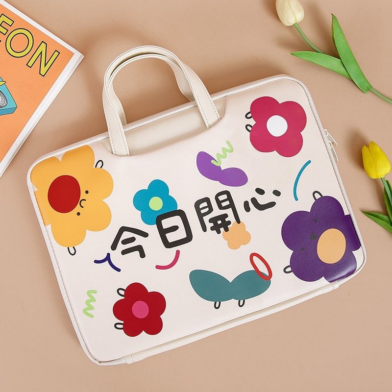 Flower illustration happy today laptop bag computer bag handbag computer protection - กระเป๋าแล็ปท็อป - หนังเทียม 