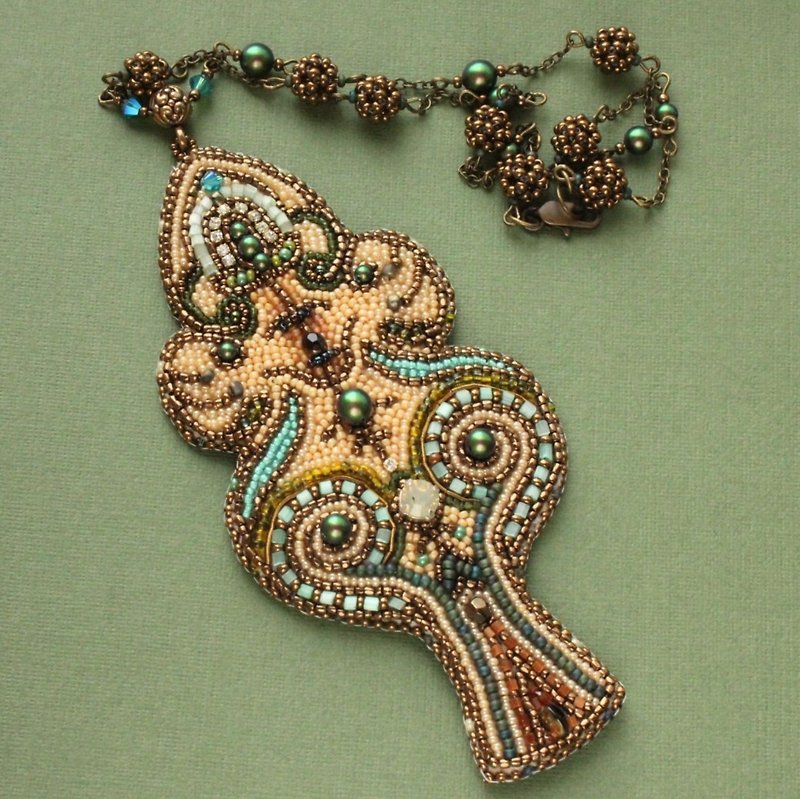 Embroidered necklace Tree of life beaded pendant boho talisman amulet ethnic - Necklaces - Glass Khaki