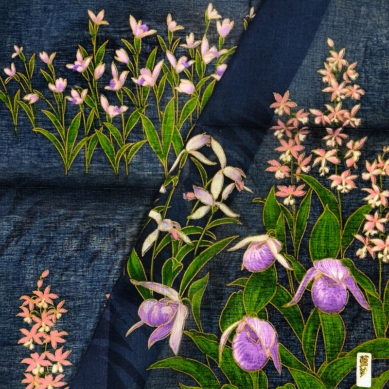 Vintage Japanese Handkerchief - Shiran, Egret Orchid & Lady Slipper 21 x 21 in - 手帕 - 棉．麻 藍色