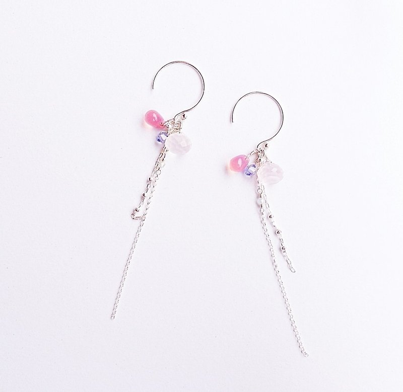 Natural powder crystal fat drop sterling silver tassel earrings wild custom natural stone light jewelry - Earrings & Clip-ons - Gemstone Pink