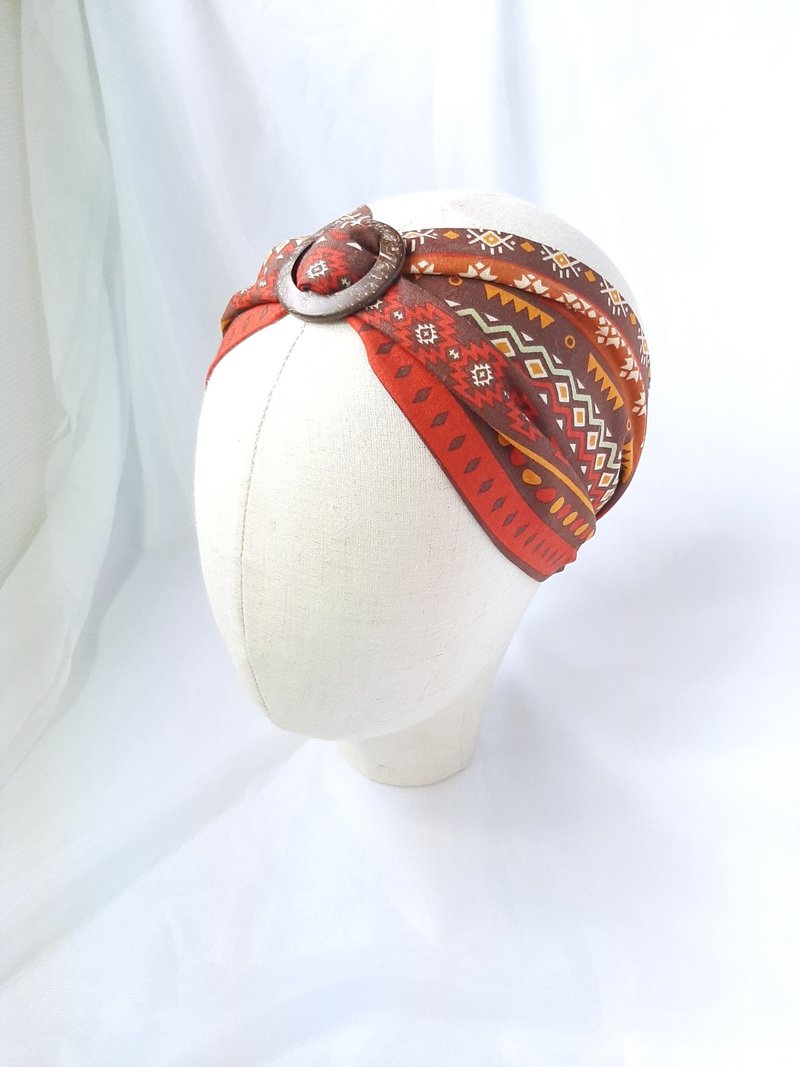 Orange red ethnic pattern coconut shell buckle wide headband - Headbands - Cotton & Hemp Multicolor