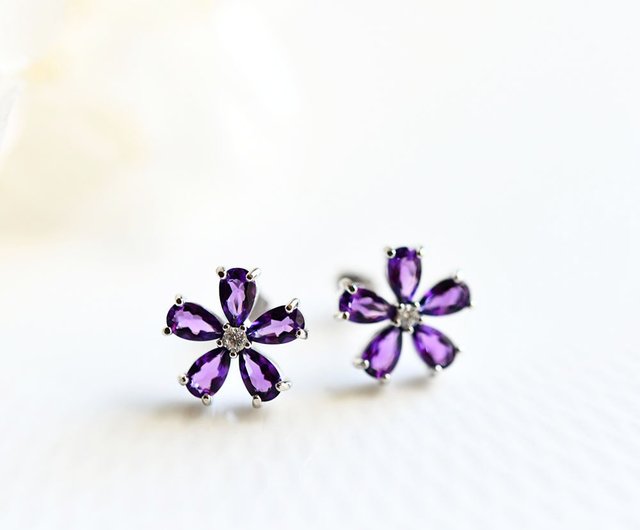 恋の成就 愛の守護石 アメジスト 花のスタッドピアス イヤリング