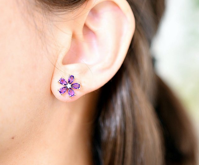 恋の成就 愛の守護石 アメジスト 花のスタッドピアス イヤリング