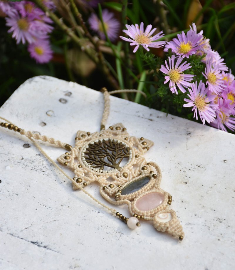 white tree of life mandala necklace, rose quartz jewelry, bohemian necklace - สร้อยคอ - เครื่องเพชรพลอย ขาว