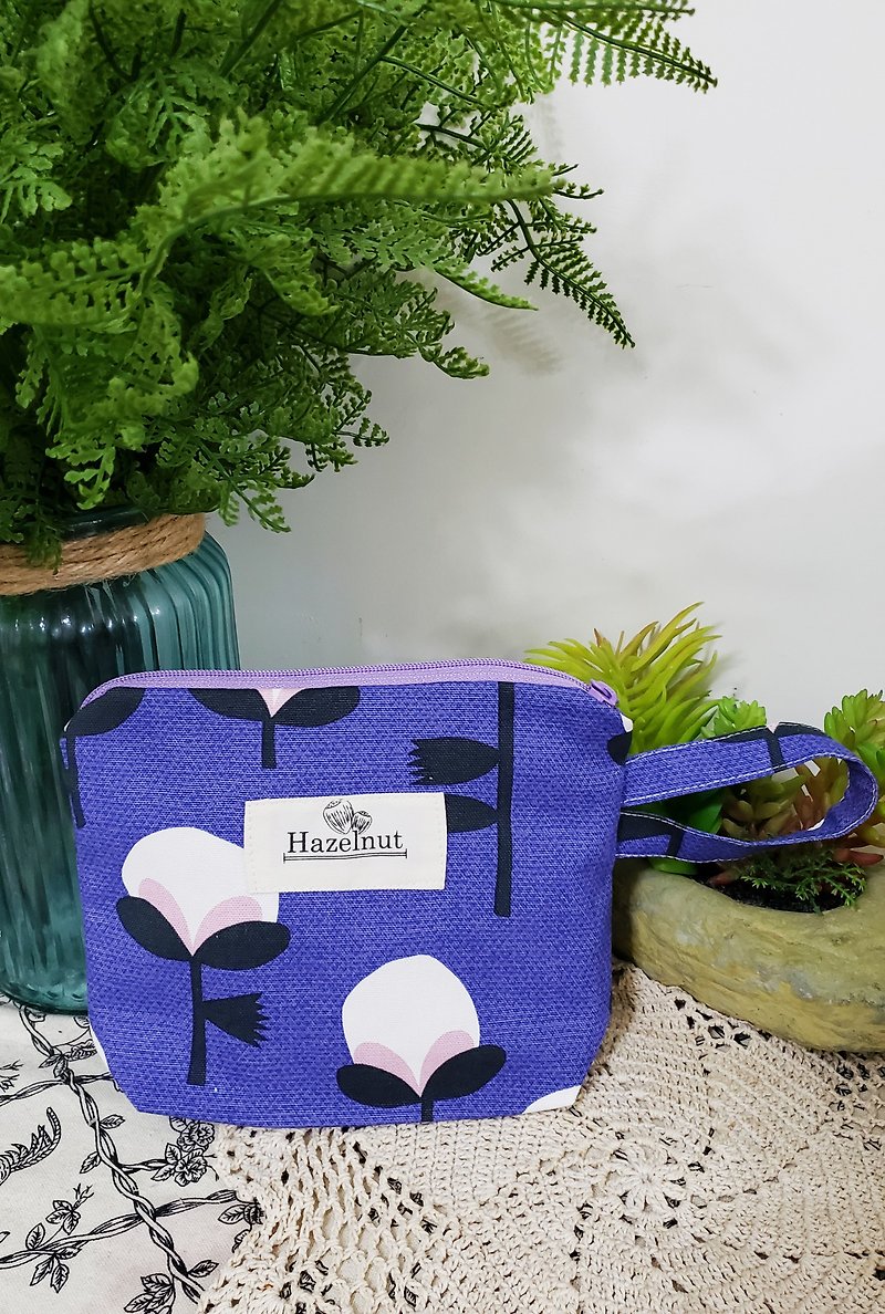 Nordic style purple blue flower pattern zipper small storage bag small card bag mask storage - Wallets - Cotton & Hemp Purple