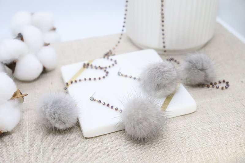 Grey PomPom Long Crystals Chain Necklace & 925 Silver Post Earrings Sets - 項鍊 - 水晶 灰色