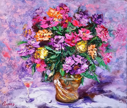 Original oil painting artist Svinar Oksana Daisy Glass Vase Wine Oil Painting Flower Impasto Original Artist Svinar Oksana