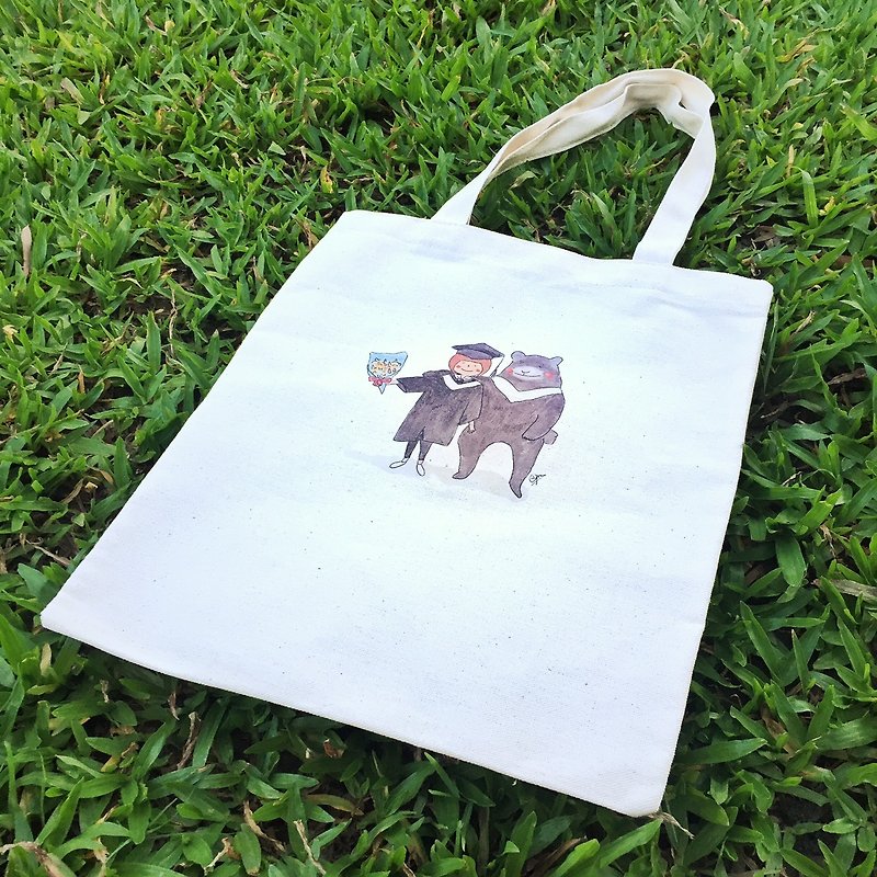 [Bear] Graduation / canvas / dot canvas bag - Messenger Bags & Sling Bags - Cotton & Hemp White