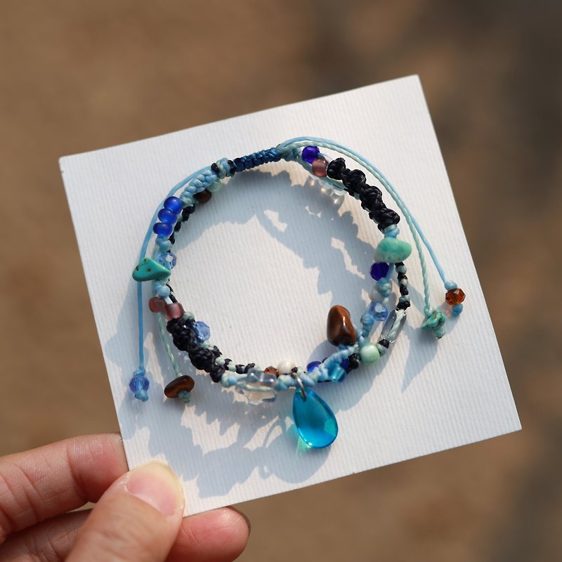 Blue glass beads natural stone woven waxed cord double layered bracelet - สร้อยข้อมือ - งานปัก สีน้ำเงิน