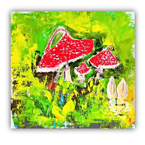 RayLarArt Mushrooms Painting Alice in Wonderland Original Amanita Artwork Rabbit Wall Art