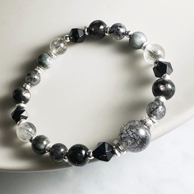 Night Suite-Black Hair Crystal.Golden Stone.Obsidian Sterling Silver Design Bracelet - Bracelets - Crystal Black