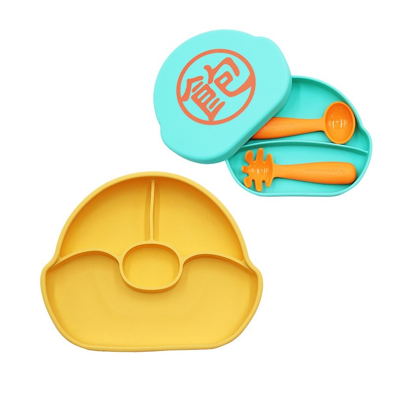 FARANDOLE分格不翻盤(黃色)+矽膠盒(藍綠-飽)+學習餐具組(橘) - 兒童餐具/餐盤 - 矽膠 多色