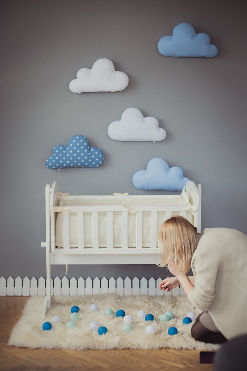 Set of 5! Kids Stuffed Cloud shaped pillow, white blue nursery room decor - ของขวัญวันครบรอบ - ผ้าฝ้าย/ผ้าลินิน ขาว