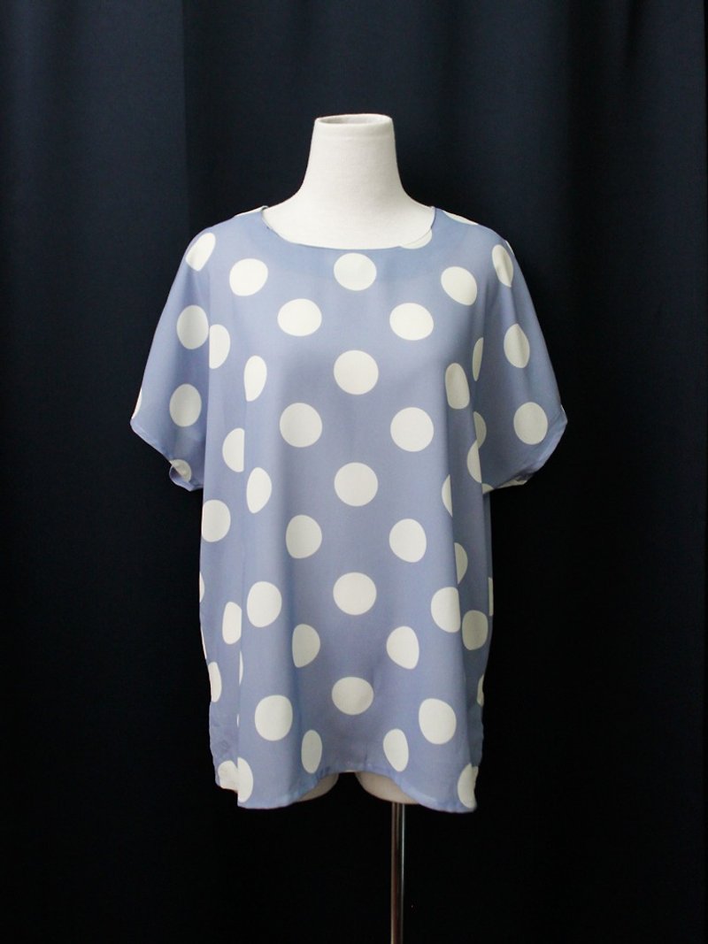 【RE0511T1966】 Japanese simple and fresh retro big dots water blue short-sleeved ancient shirt - Women's Shirts - Polyester Blue