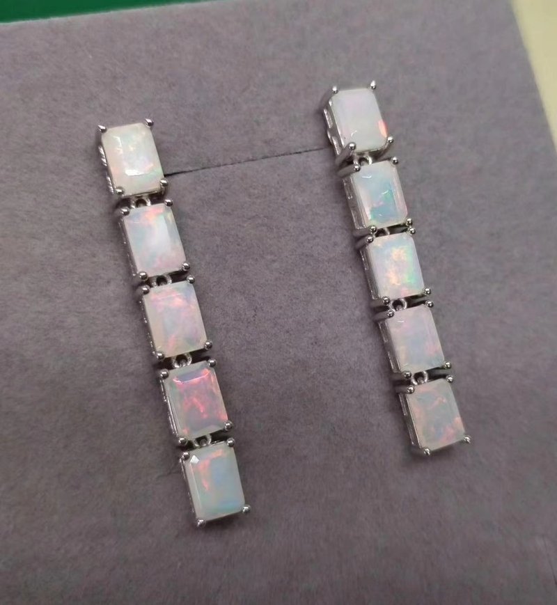 Opal earrings, Long Opal Earrings, Natural Opal Silver Earrings, Opal Dangles - ต่างหู - เงินแท้ 