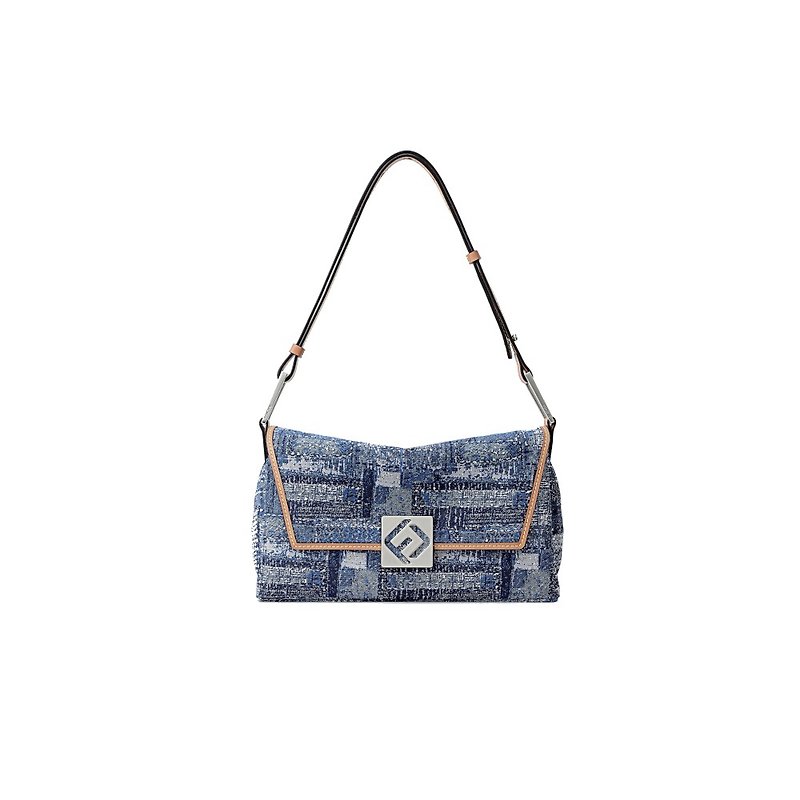 Oil Painting Jacquard with Leather Shoulder Bag - Messenger Bags & Sling Bags - Genuine Leather Blue