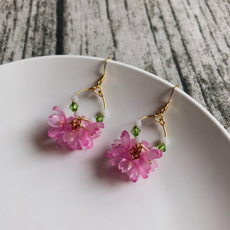 Cherry blossom wreath full earrings - Earrings & Clip-ons - Plastic Pink