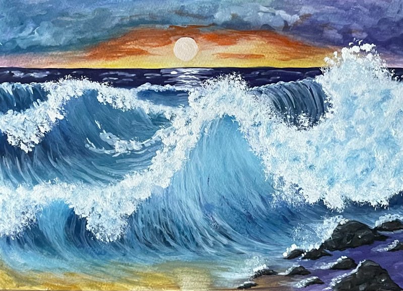 Sunset, sea and waves. Seascape. Gouache. - ตกแต่งผนัง - กระดาษ 