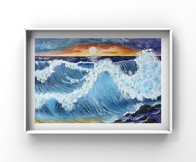 うみ画伯の絵 夕日と海と波。海景。ガッシュ。 - ショップ vernissage-VG-galery